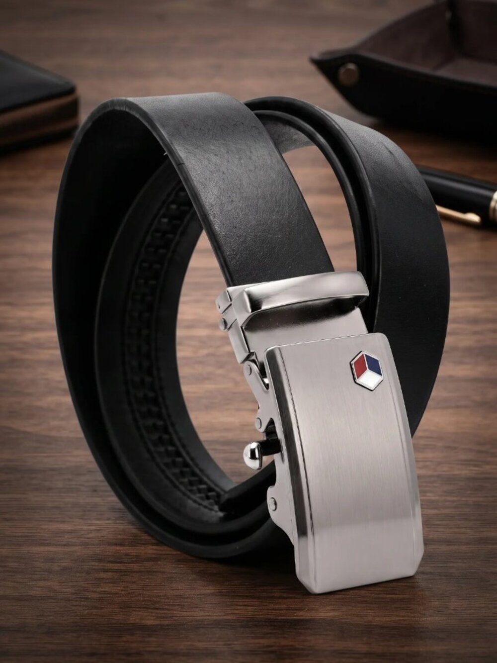 Genuine Leather Men's Belt, Ratchet Automatic Buckle, Adjustable No-Hole Belt